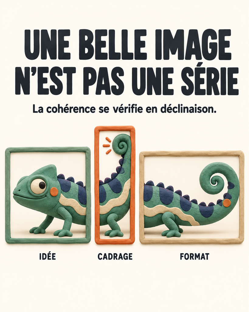 Un caméléon en plasticine traverse trois formats en gardant le même motif visuel.
