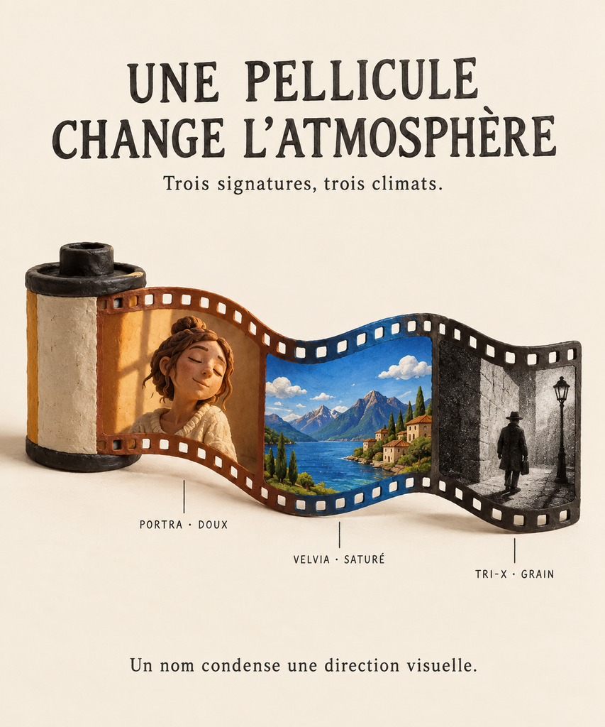 Infographie « Une pellicule change l’atmosphère » : trois vues sur une bande de film comparent portrait doux, paysage saturé et scène sombre.