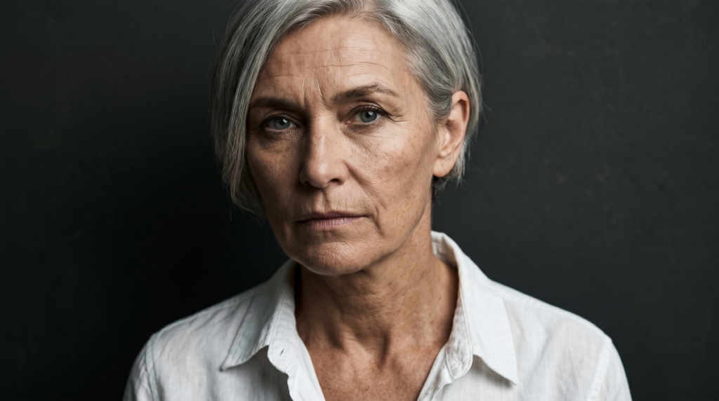 Prompt : Portrait rapproché buste, femme fin cinquantaine, structure osseuse rectangulaire prononcée, orbites profondes, yeux en amande gris-vert, rides d'expression marquées autour des yeux et entre les sourcils, peau mature avec pores visibles et taches pigmentaires naturelles, cheveux gris argentés coupés courts asymétriques, chemise blanche col ouvert, regard caméra frontal intense, pas de sourire, fond uni gris anthracite #2A2520, éclairage principal latéral gauche dur 4200K créant ombre nette côté droit, éclairage d'appoint minimal, profondeur de champ f/2.8, cadrage règle des tiers œil gauche sur ligne haute, style éditorial mode contemporain type Peter Lindbergh, film moyen format grain fin, palette #1A1A1A #2A2520 #D4A574.