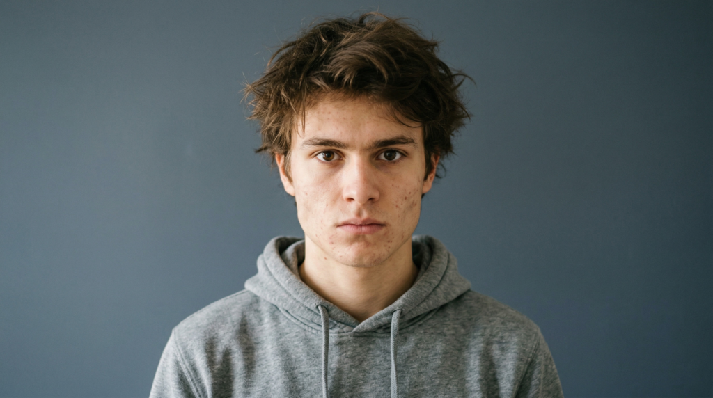 Prompt : Jeune homme dix-neuf ans, structure osseuse rectangulaire en cours d'affirmation, yeux ronds marron, peau à pores visibles, quelques imperfections cutanées légères résiduelles sur les joues, cheveux bruns mi-longs mal coiffés, absence totale de sourire, regard caméra tendu, sweat-shirt gris chiné, fond uni gris froid #3A4A5A.