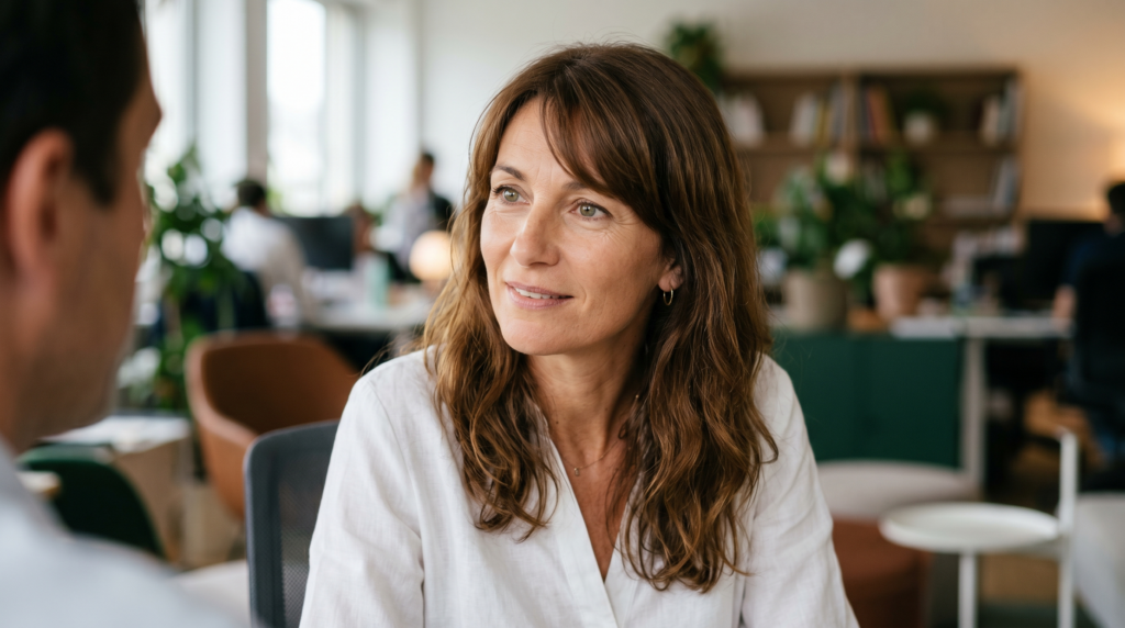 Prompt : Femme fin quarantaine, structure osseuse ovale, yeux en amande verts légèrement plissés, peau mature grain fin avec rides douces, cheveux châtains mi-longs, regard tourné vers interlocuteur hors cadre gauche trois-quarts, tête légèrement inclinée à droite, expression concentrée attentive, chemisier blanc, fond bureau contemporain flou éclairage doux.