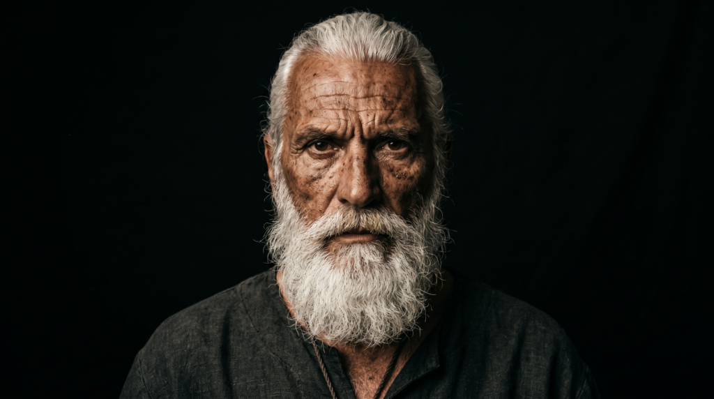 Prompt : Homme fin soixantaine, structure osseuse carrée marquée, orbites très profondes, yeux de phénix marron foncé, peau mate très texturée avec rides profondes et taches pigmentaires, cheveux blancs tirés en arrière, longue barbe blanche, regard caméra frontal grave, tunique sombre, fond uni noir profond, éclairage latéral dur unique source 3200K type peinture baroque.