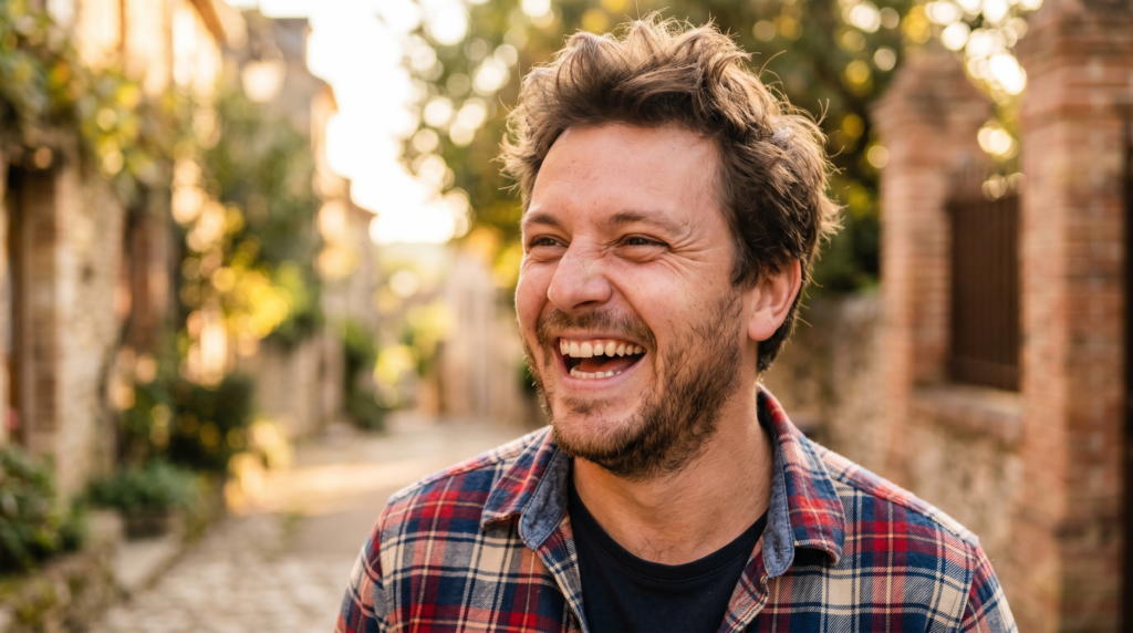 Prompt : Homme début trentaine, structure osseuse ronde, yeux ronds marron clair plissés par le rire, rides d'expression profondes aux coins des yeux, peau claire grain moyen, cheveux bruns courts ébouriffés, barbe courte, rire franc bouche ouverte dents visibles asymétrie naturelle, chemise à carreaux col ouvert, fond extérieur lumière naturelle heure dorée 3800K.