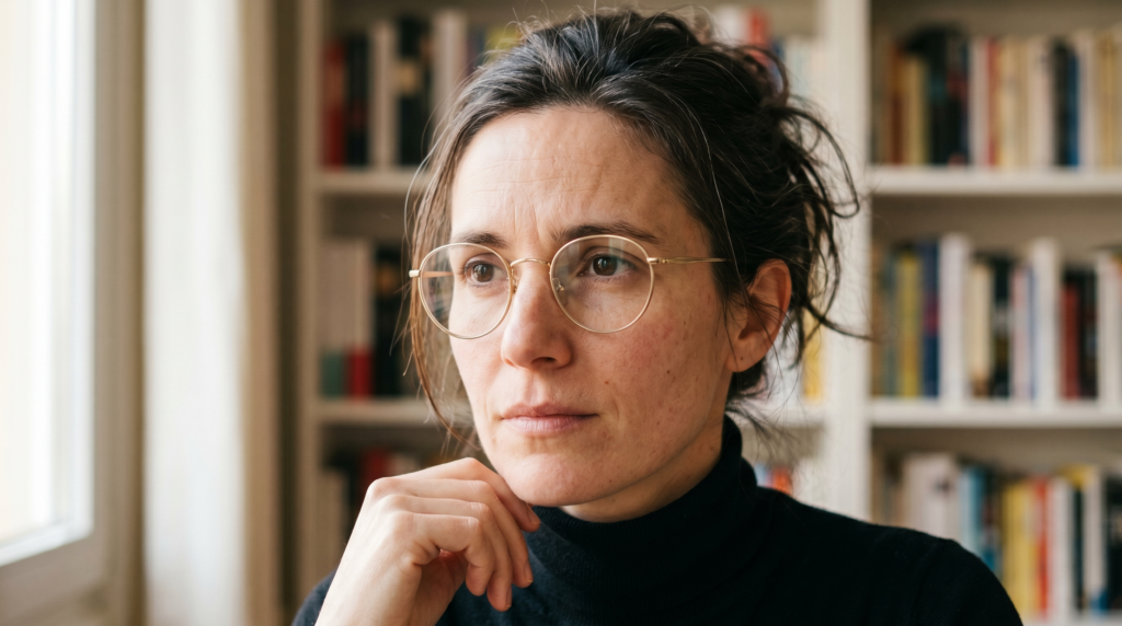 Prompt : Femme fin trentaine, structure osseuse rectangulaire, orbites profondes, yeux en amande marron foncé derrière lunettes rondes à monture fine, rides d'expression entre les sourcils, peau claire à grain fin sans maquillage visible, cheveux bruns attachés négligemment, chemise noire col roulé, regard légèrement détourné pensif, fond bibliothèque flou, éclairage fenêtre latérale douce 4500K.