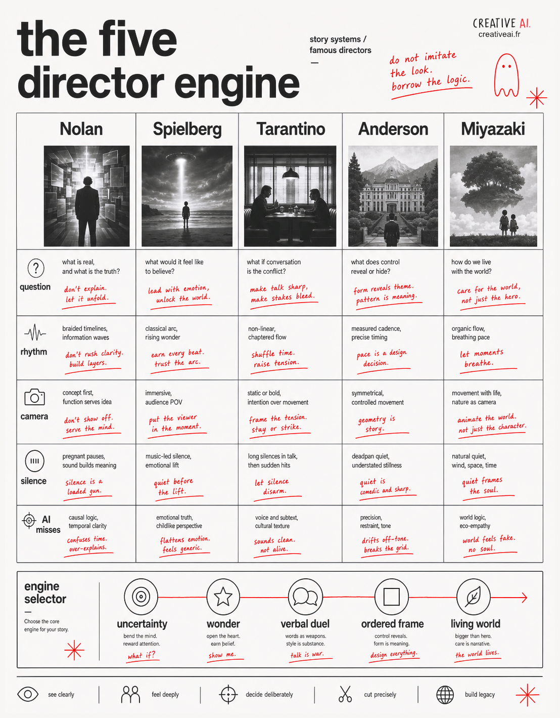 Moteurs de cinq réalisateurs - frameworks storytelling films séries IA