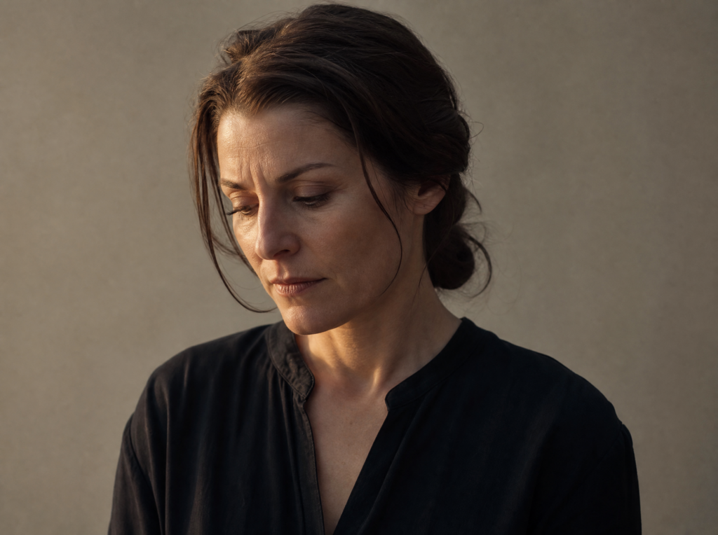 Prompt emotion IA : Portrait éditorial vertical d'une femme, fin de journée, lumière rasante douce.
Intention (PAD) : plaisir bas, activation basse, dominance moyenne.
Une mélancolie digne, contenue, pas un effondrement.
Expression (FACS) : AU1 + AU4 + AU15 à intensité C, regard baissé (AU64),
tête légèrement inclinée vers le bas (AU54B). Pas de larme, pas de bouche tremblante.
Corps (Laban) : posture soutenue, épaules contenues, léger recul (retreating).
Énergie retenue, jamais relâchée.
Cadre : buste, fond neutre désaturé, aucune théâtralité.
À éviter : sourire forcé, yeux brillants de larmes, pose dramatique.