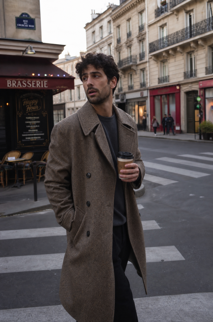 prompt : Photo street style, lumière naturelle de rue parisienne. Pose : nonchalance, une épaule légèrement plus basse, une main dans la poche d'un manteau, l'autre tenant un café, poids déplacé sur une jambe.
Regard ailleurs, comme surpris en marchant.
À éviter : sourire posé, posture symétrique, raideur, regard caméra fixe.