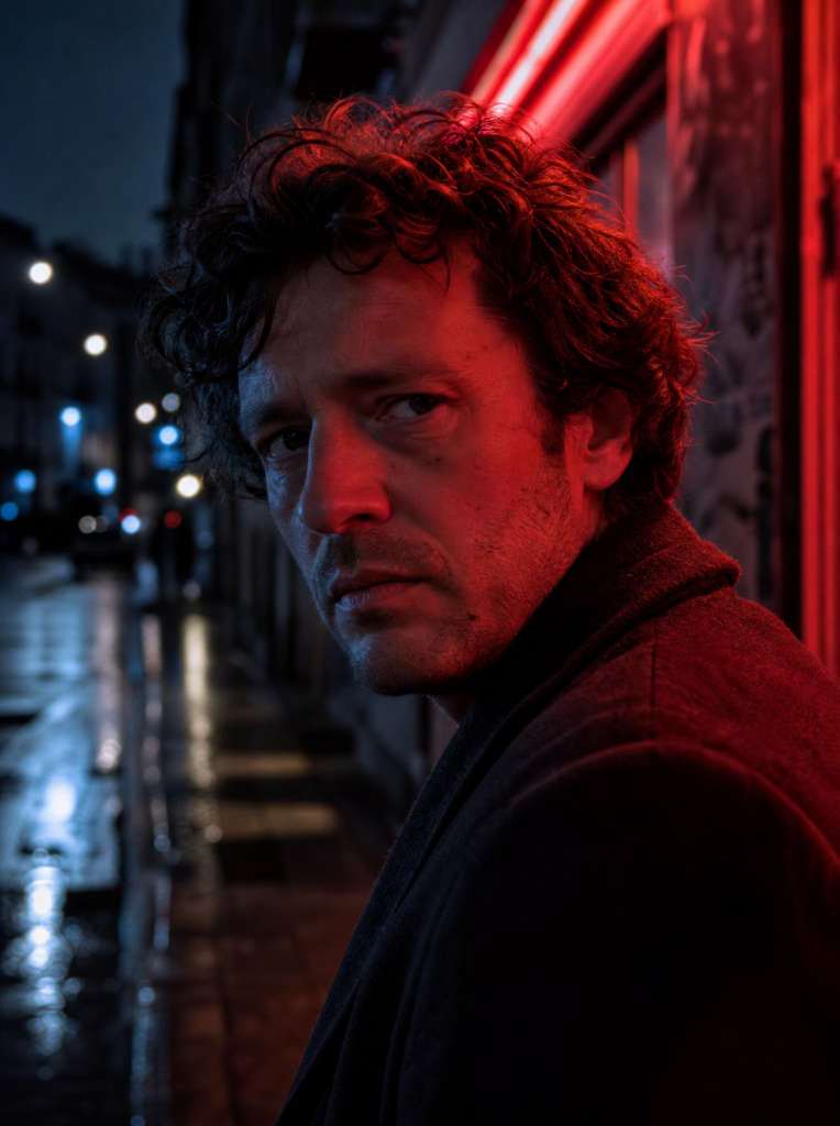 Prompt : Portrait urbain nocturne d'une personne sous une enseigne lumineuse, rue humide, plan rapproché.
Intention lumière : tension graphique, ville nocturne, solitude.
Source principale : néon rouge motivé visible hors cadre à caméra droite, lumière latérale sur la joue.
Source secondaire : ambiance bleue froide très faible venant du fond de rue.
Direction : couleur rouge latérale, bleu uniquement en arrière-plan.
Fill : faible, ombres présentes sur le côté opposé du visage.
Contraste : fort mais lisible, reflets discrets sur le sol mouillé.
Rendu : photo urbaine premium, couleurs contrôlées, peau réaliste (subsurface scattering) malgré la dominante.
A éviter : saturation excessive, violet partout, peau fluorescente, multiples néons incohérents, style cyberpunk cliché.