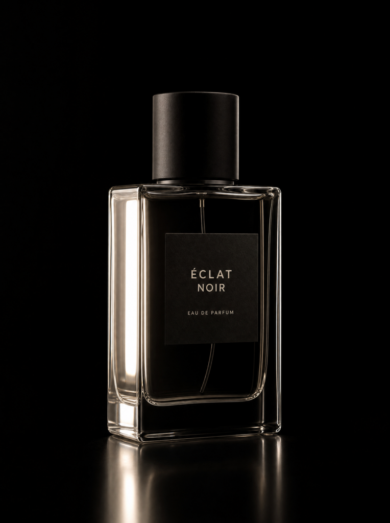 Prompt : Packshot d'un flacon de parfum minimaliste en verre transparent, posé sur fond noir profond.
Intention lumière : luxe discret, mystère, précision matérielle.
Source principale : strip light verticale douce à caméra gauche, proche du flacon, créant un reflet long et contrôlé sur le verre.
Rim light : très faible contour à caméra droite pour séparer le bord du flacon du fond.
Negative fill : marqué côté droit, noir dense.
Contraste : low key, hautes lumières retenues, zones noires propres.
Température : lumière neutre légèrement chaude, fond noir sans dominante.
Rendu : photographie produit premium, reflets spéculaires nets, verre lisible, aucune surexposition.
A éviter : glow excessif, reflets multiples incohérents, poussière, plastique, effet HDR.
