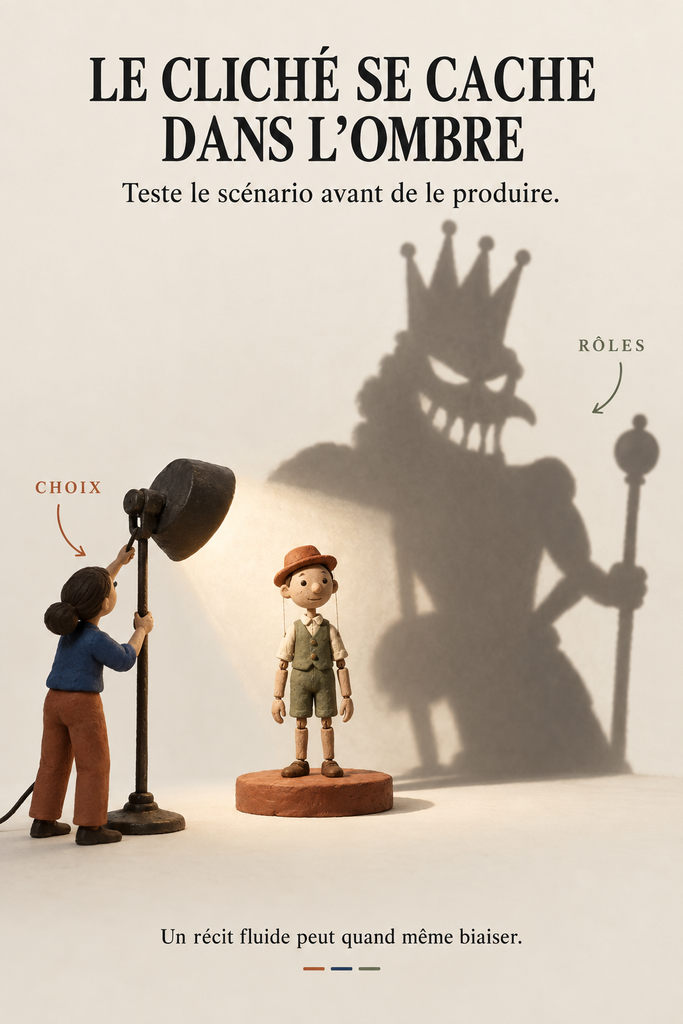Infographie « Le cliché se cache dans l’ombre » : l’ombre d’un personnage révèle un stéréotype à examiner avant production.