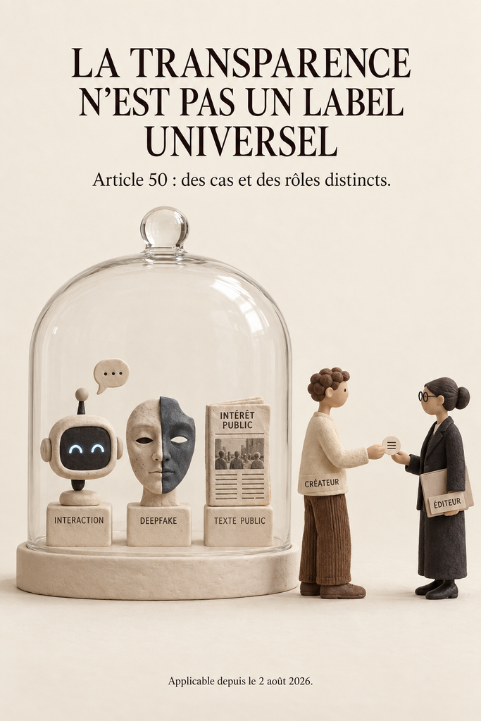 Infographie « La transparence n’est pas un label universel » montrant sous cloche plusieurs cas d’usage IA distincts.