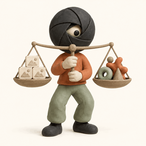 Un personnage en pâte à modeler à tête d’obturateur compare des vignettes structurées à des formes libres en inclinant une balance.