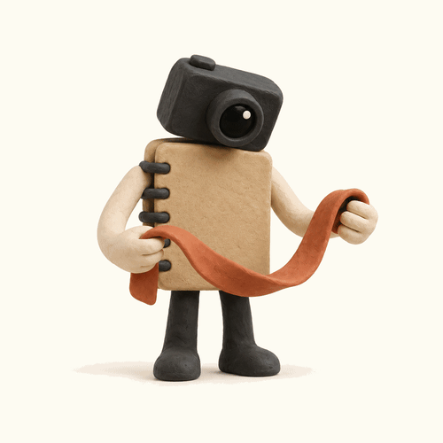 Personnage en plasticine à tête de caméra pliant une bande terracotta en carte de mise en scène, puis y ajoutant une pastille de correction.