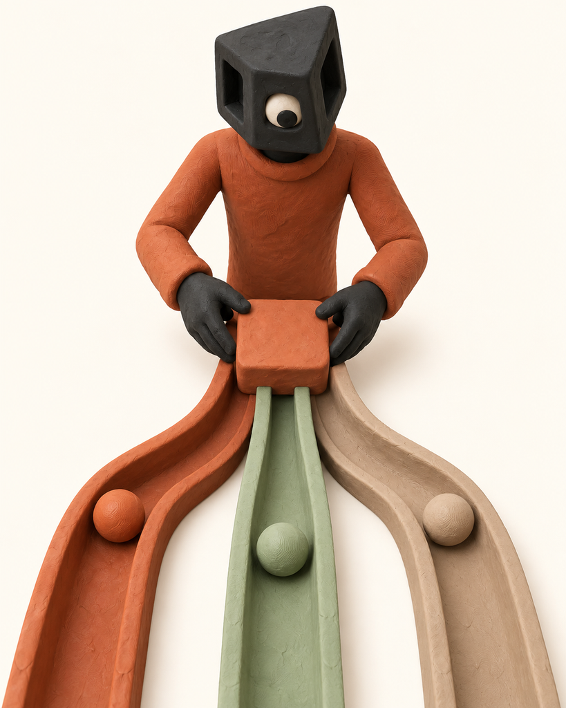 Créature en plasticine plaçant un message au départ de trois voies de décision parallèles