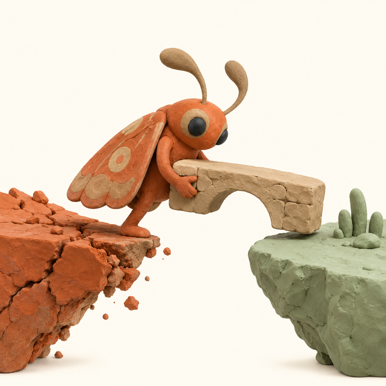 Créature en plasticine portant un pont entre une ancienne et une nouvelle plateforme