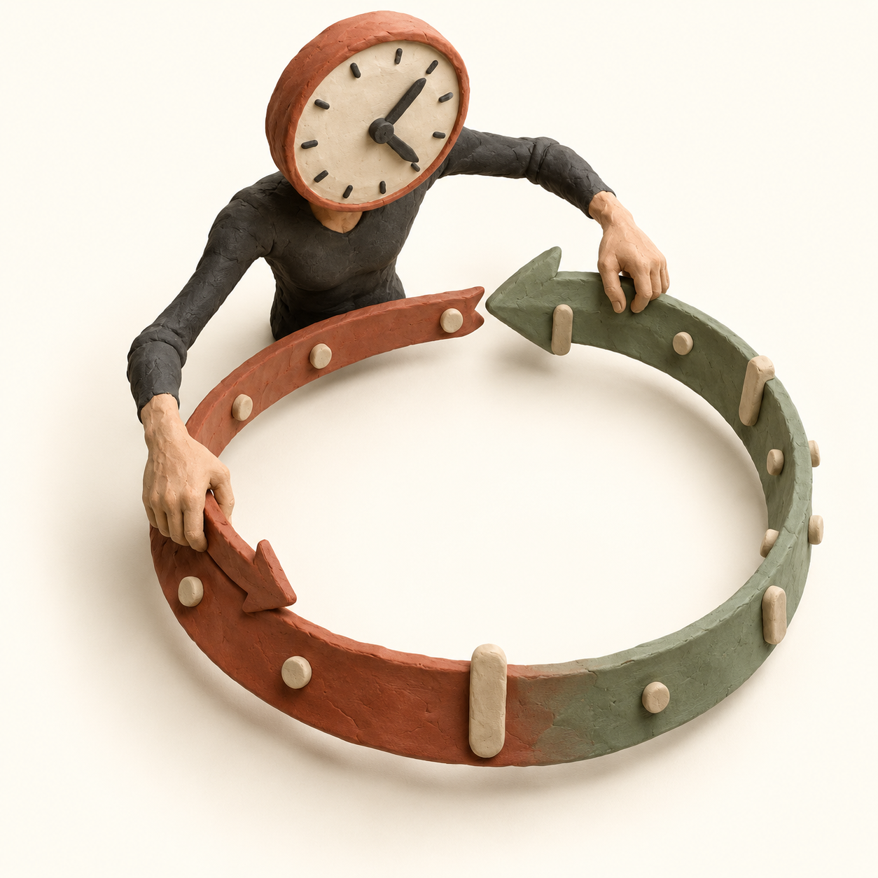 Créature en plasticine qui inspecte une timeline circulaire