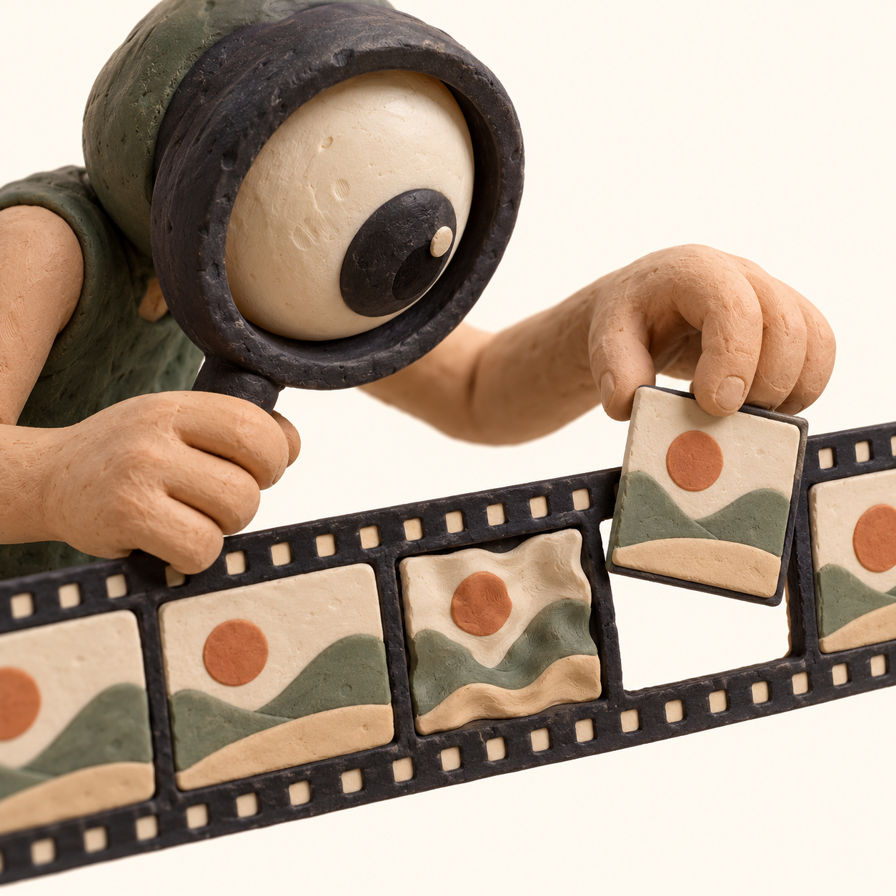 Créature en plasticine qui vérifie une bande de frames avec une loupe