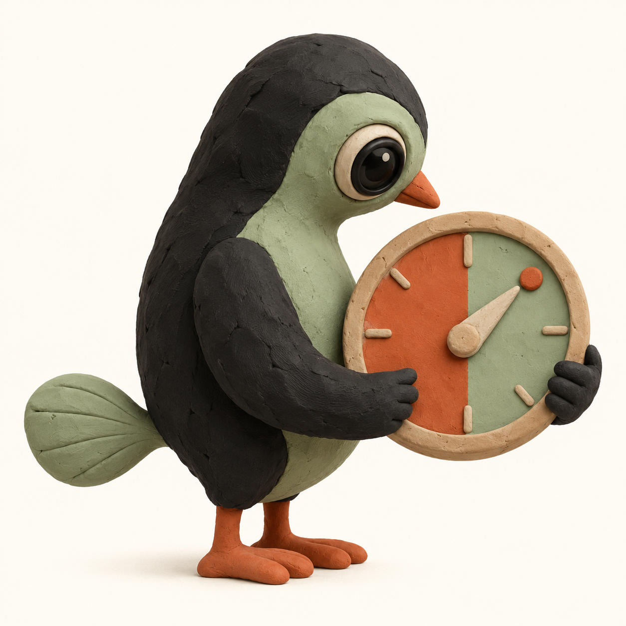 Personnage-oiseau en plasticine tenant une boussole divisée entre deux états