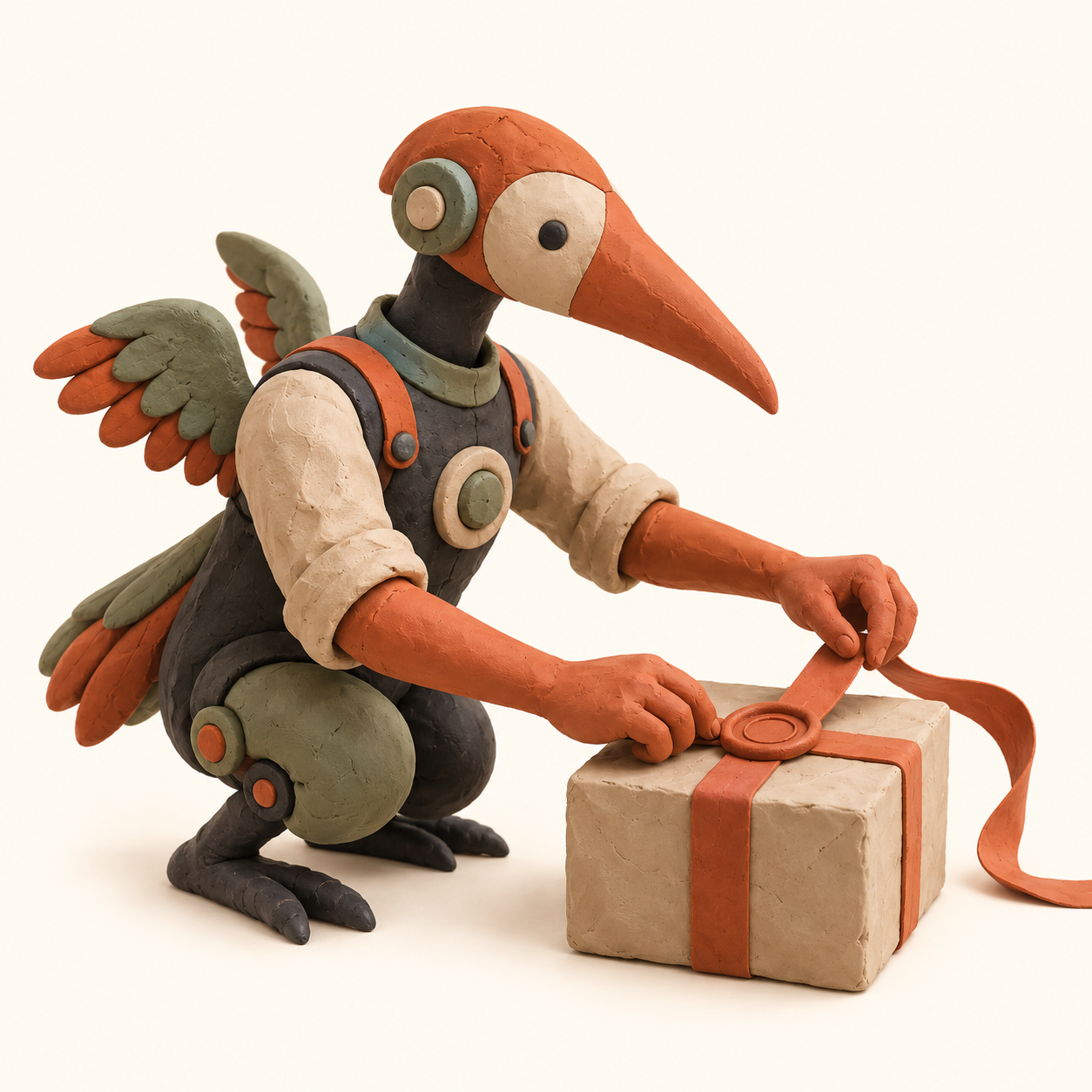 Créature-oiseau en plasticine qui scelle une boîte de livraison
