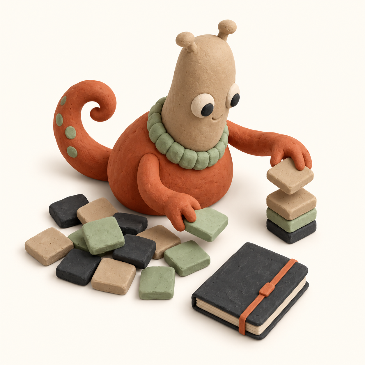 Créature en plasticine triant des tuiles devant un carnet de test