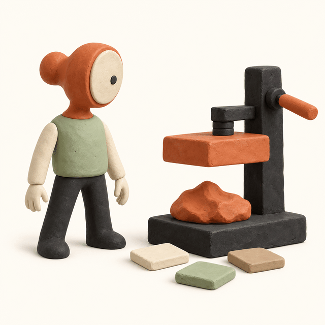 Personnage devant une presse qui transforme une matière brute en fiches ordonnées, illustration de la méthode de travail CreativeAI.