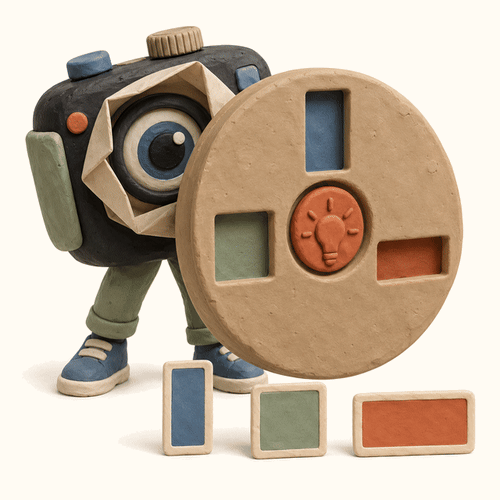 Personnage à tête d’appareil photo tenant un disque de formats devant des cadres image, illustration des ressources de création de contenu.