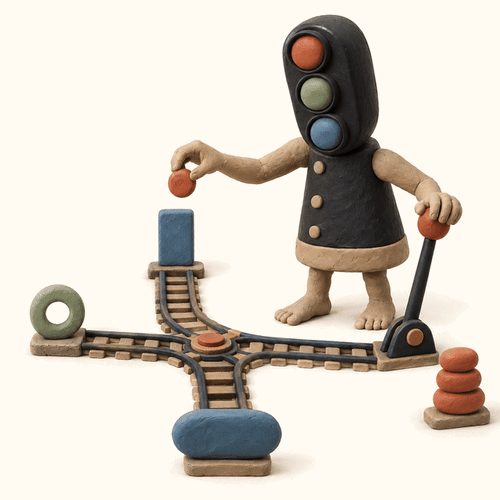 Personnage à tête de feu de signalisation actionnant un aiguillage, illustration de l’orientation d’un workflow de création de contenu IA.