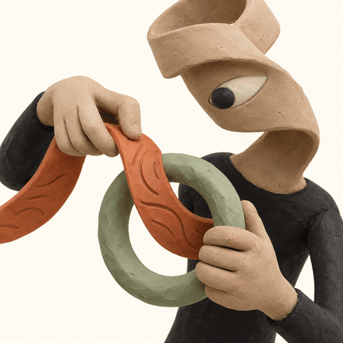 Personnage observant un ruban déformé à travers un anneau, illustration des anamorphoses typographiques avec Nano Banana Pro.