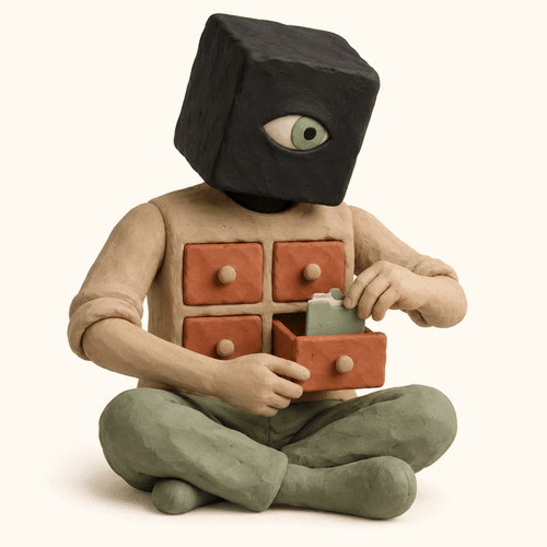 Personnage ouvrant un petit meuble de fiches, illustration d’un espace de travail Claude organisé en dossiers et fichiers.