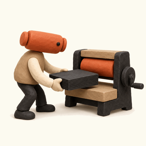 Imprimeuse en plasticine faisant passer un bloc PDF dans une presse pour créer une onde audio, un visuel et une présentation reliés à la même source.
