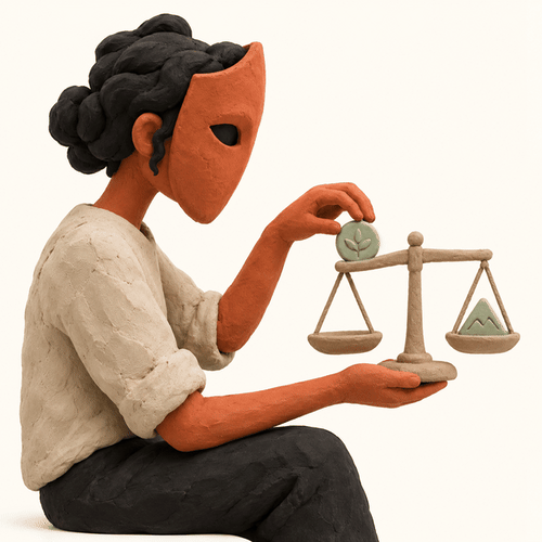 Personnage masqué équilibrant une balance, illustration de l’examen des biais dans les récits générés par IA.