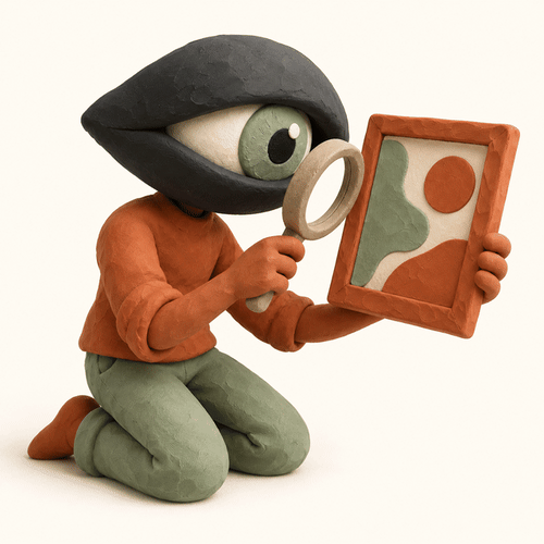 Personnage à tête d’œil examinant une composition avec une loupe, illustration de l’analyse créative d’un visuel.