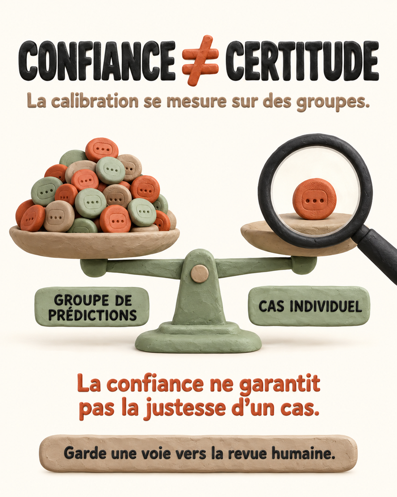One page : Confiane n'est pas certitude. La calibration se mesure sur les groupes