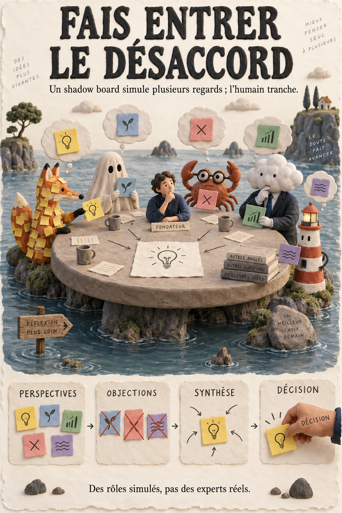 Infographie « Fais entrer le désaccord » : un comité de créatures examine une décision en confrontant perspectives et objections.