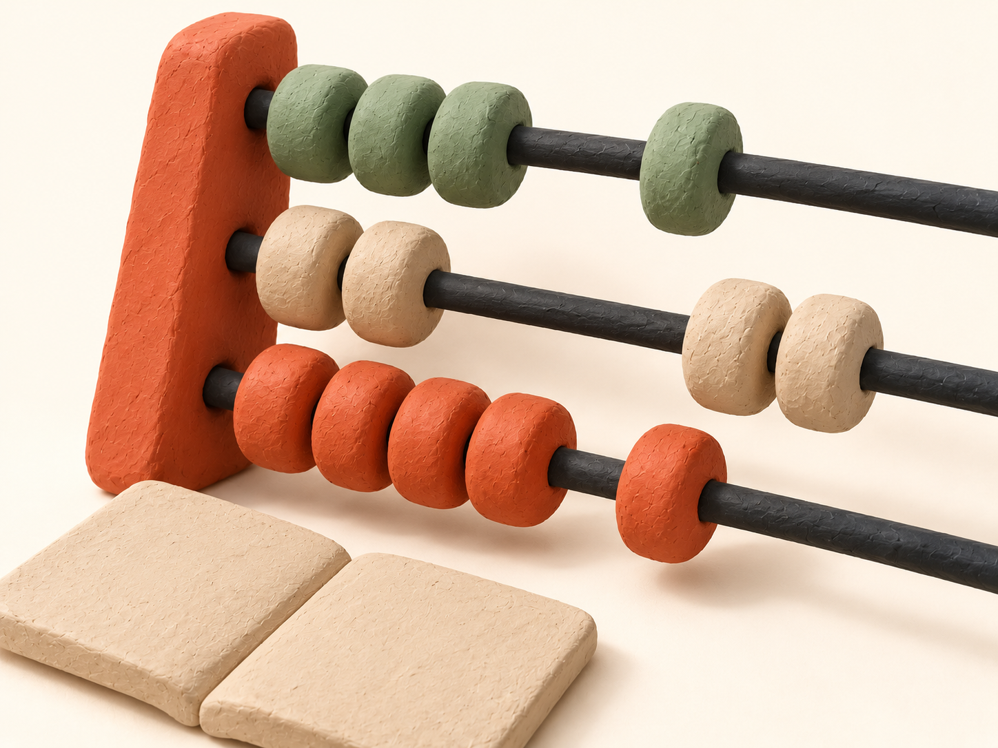 Boulier sculptural en plasticine aux billes déplacées d’un côté de la séparation, au-dessus d’un registre vierge.