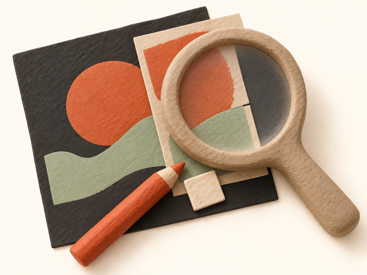 Loupe en plasticine sur une épreuve abstraite, avec un crayon terracotta et un patch de correction.