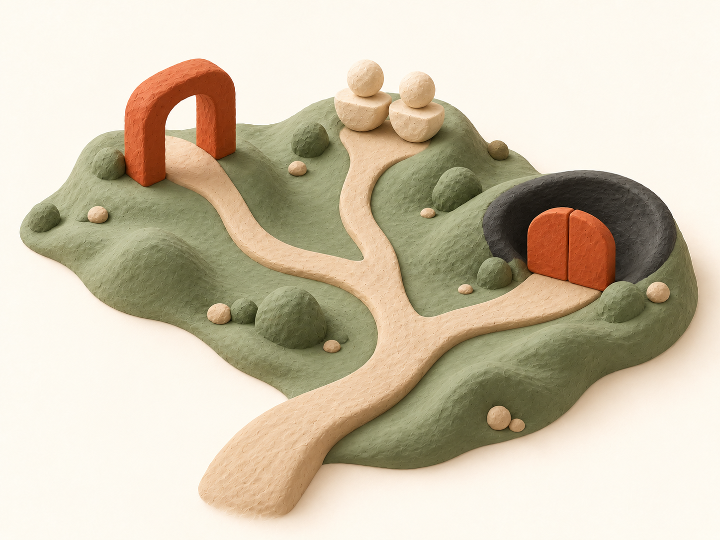 Chemin en relief qui bifurque vers un passage ouvert, des formes jumelles et une issue fermée.