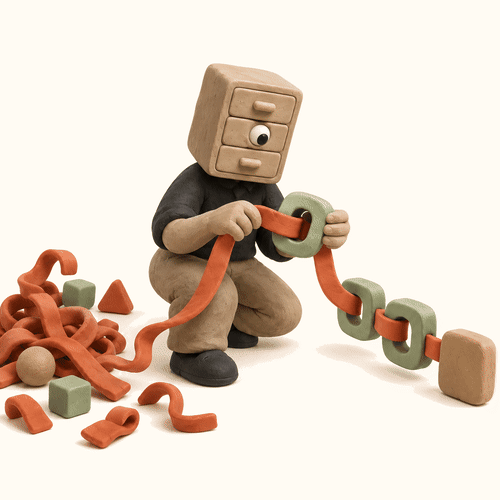 Personnage à tête de tiroirs transformant des rubans et des formes dispersés en une suite de blocs ordonnés, illustration d’un workflow IA partagé.