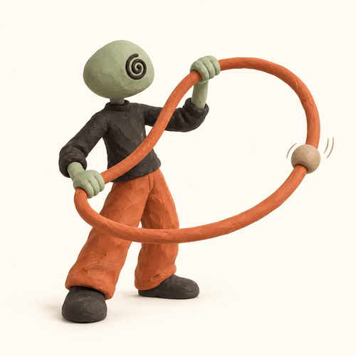 Personnage à tête de spirale déplaçant une bille le long d’une boucle, illustration de l’orchestration vidéo dans Google Flow.
