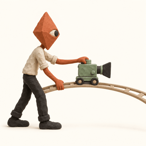 Personnage poussant une caméra sur un rail courbe, illustration des mouvements de caméra pour la vidéo IA avec Kling.