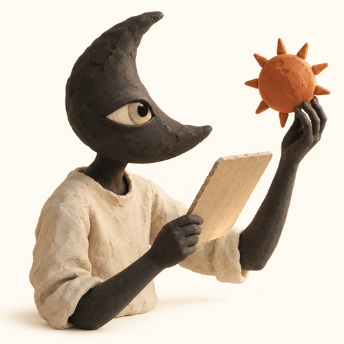 Personnage à tête de lune tenant un soleil et une tablette, illustration de la direction de lumière dans un prompt IA.