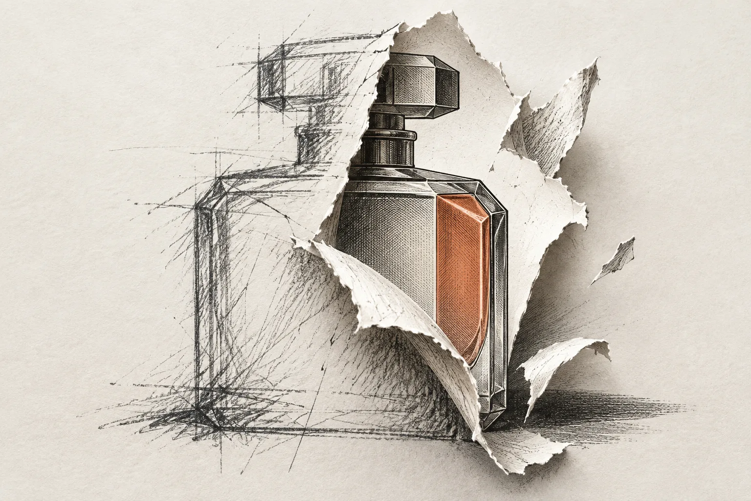Une enveloppe de croquis se soulève autour d’un flacon plus précis.