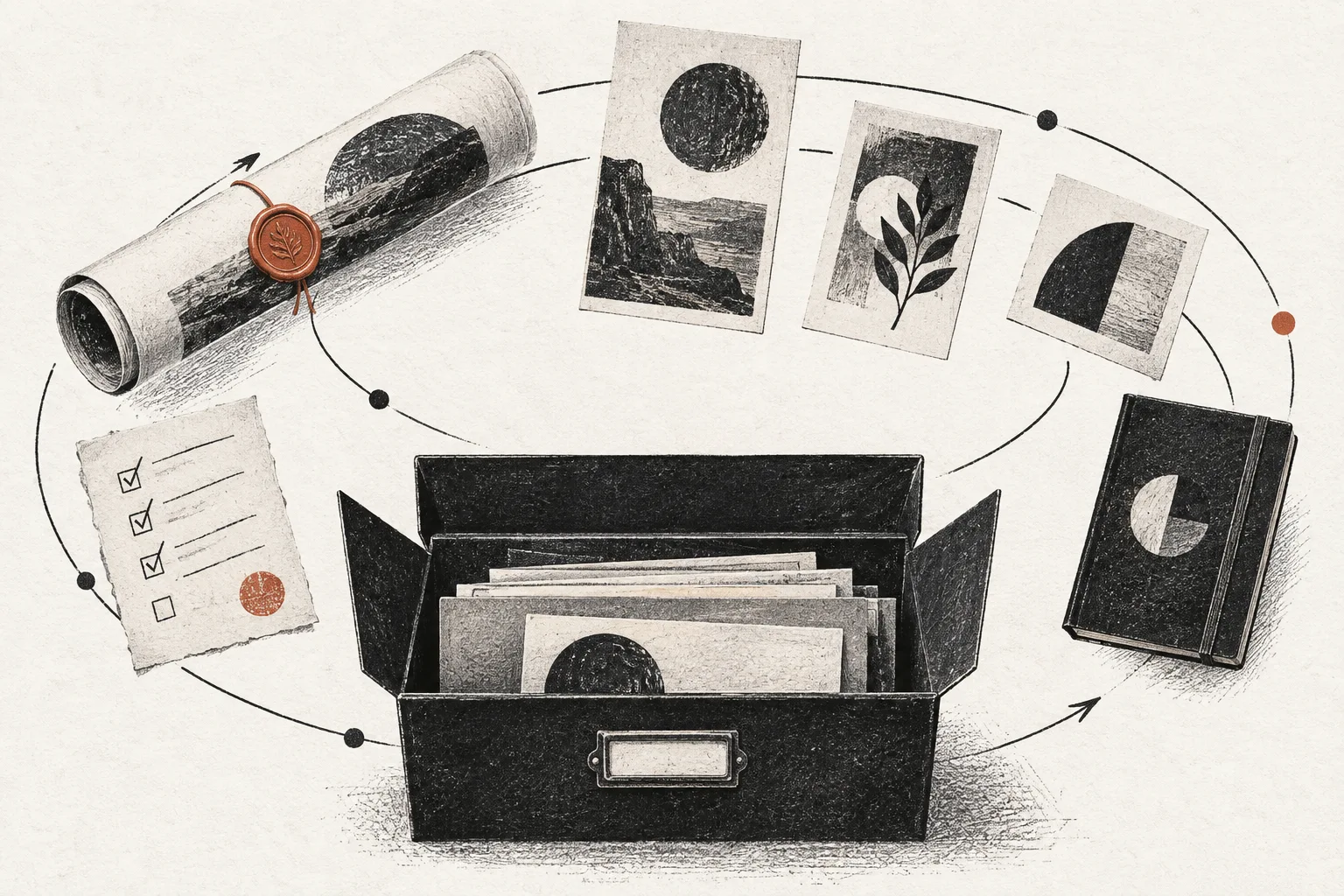 Une boîte d’archives entourée d’épreuves, d’un carnet et d’une checklist.
