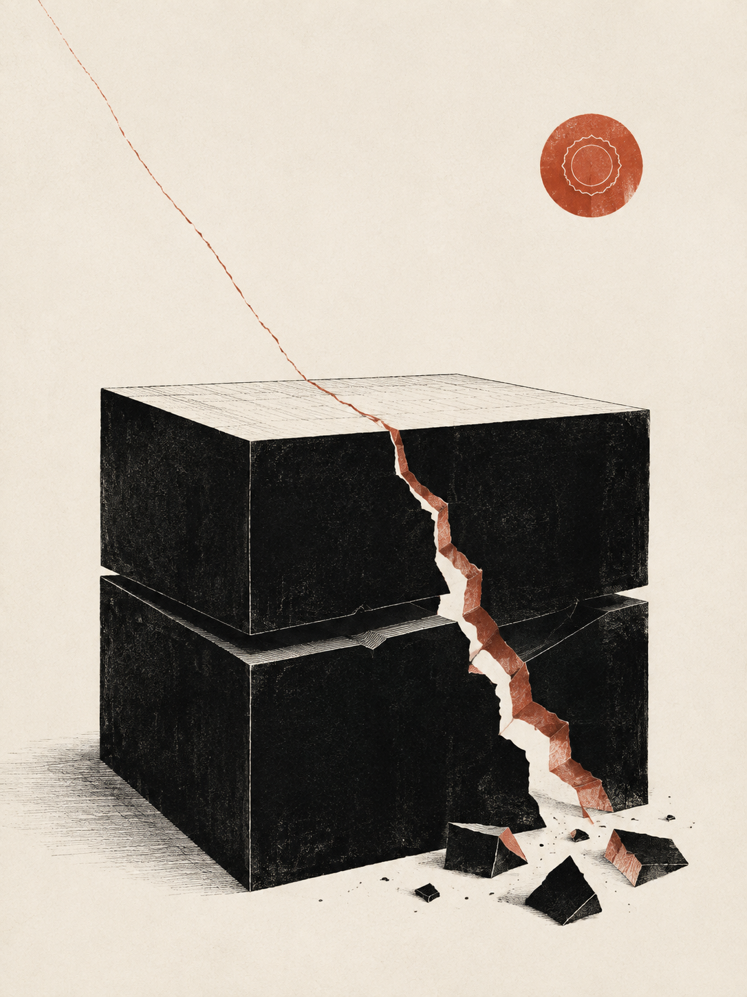 Une fissure rouge sépare une structure noire en deux masses, symbolisant la frontière entre proposition et approbation.