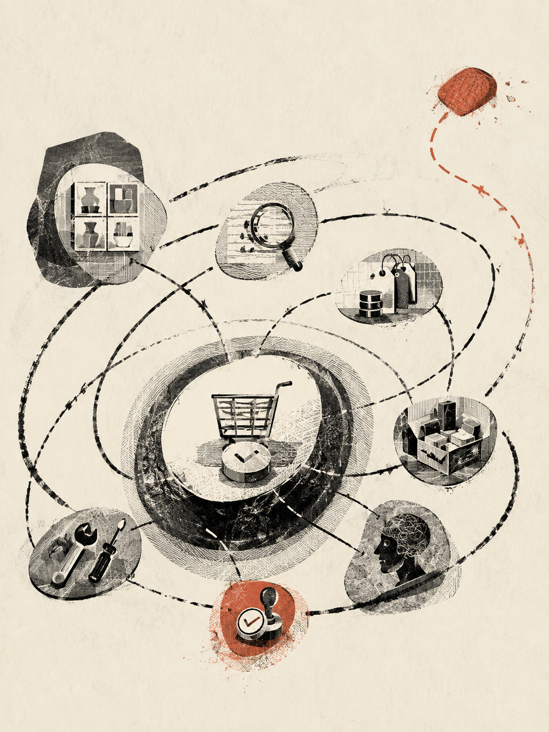 Un panier central est entouré de trajectoires représentant les dépendances d’un agent e-commerce.