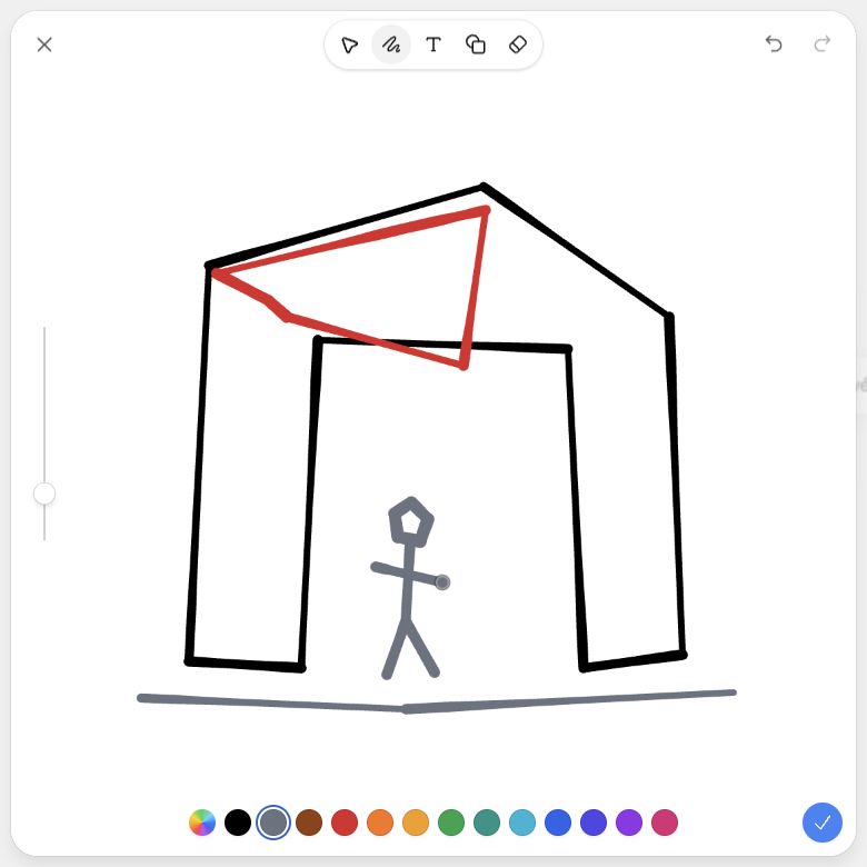Capture réelle de l’outil Dessiner de ChatGPT : arche noire sommaire, pli rouge et personnage-bâton gris, avec les outils visibles.