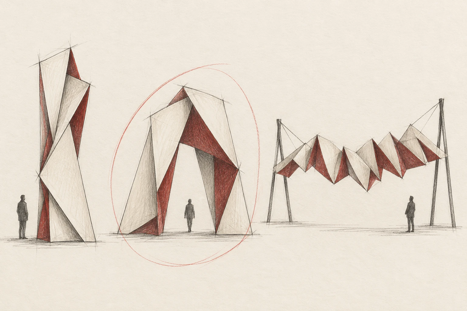 Trois pistes de croquis : monolithe, arche et accordéon suspendu sur supports.