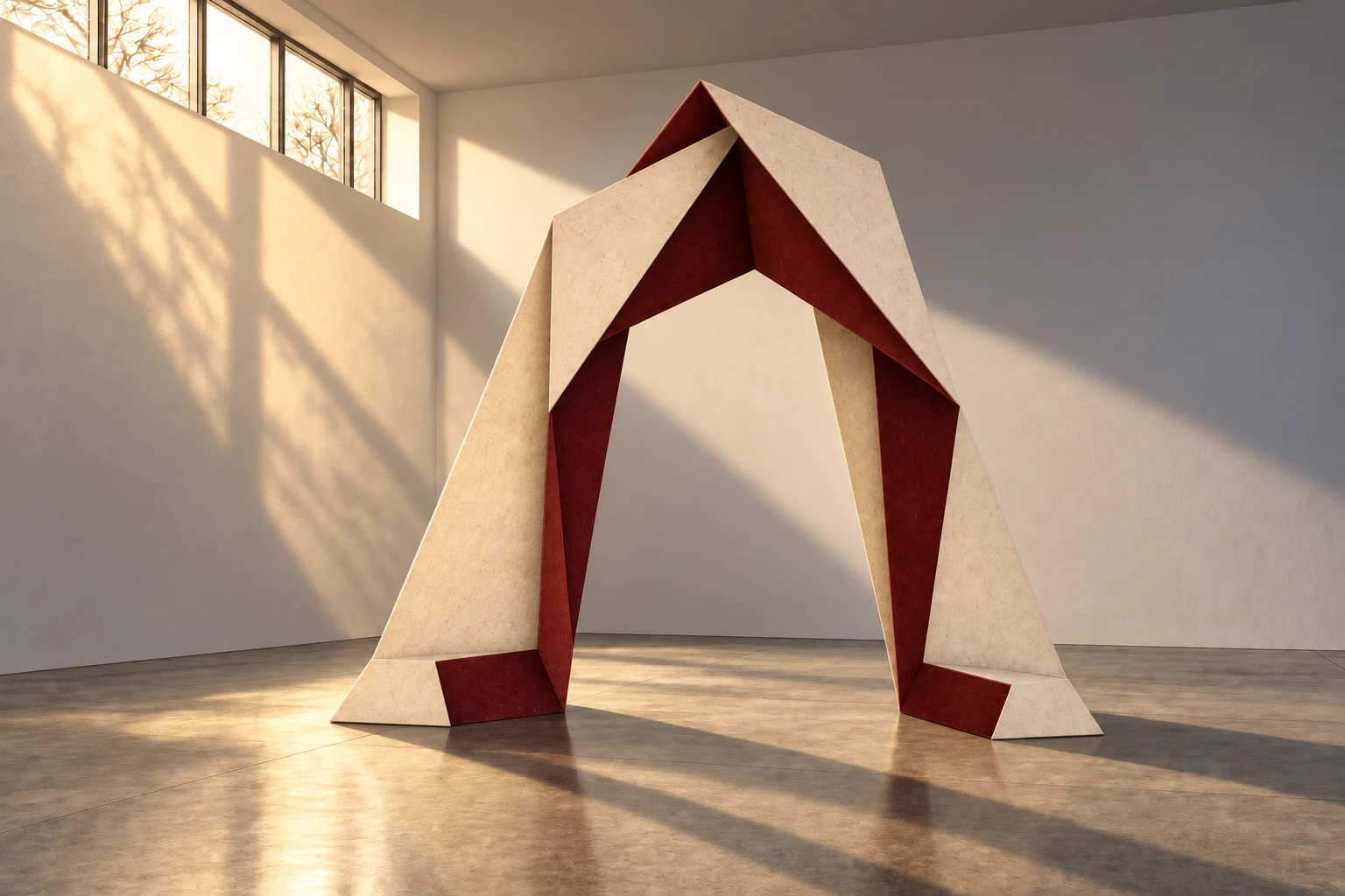 Arche PLI éclairée en lumière rasante, avec revers rouge sombre et ombres franches.