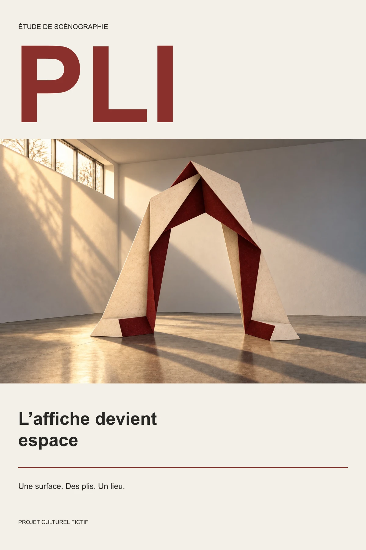 Affiche PLI montrant l’arche ouverte en lumière rasante sous un grand titre rouge.