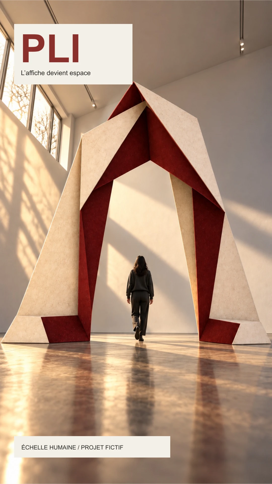 Arche PLI vue en contre-plongée avec une visiteuse de dos dans le passage.